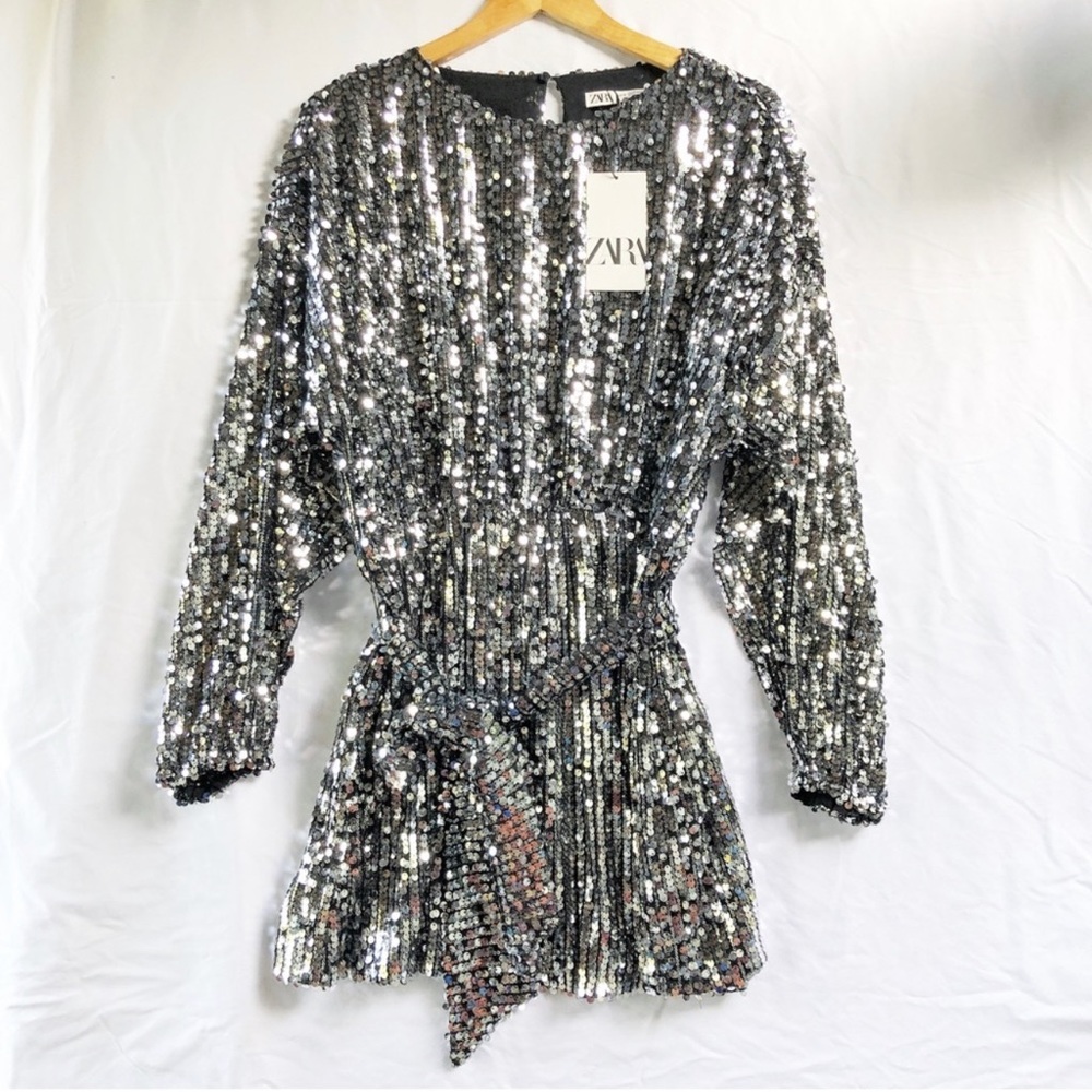 ZARA | NWT XL SLIVER SEQUIN BALLOON SLEEVES MINI DRESS BLOGGER FAVORITE